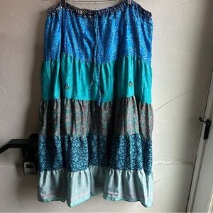 Boho Patchwork Tiered‎ Satin Maxi Skirt Hippie Festival Cottagecore One Size